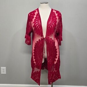 Women Lace Kimono Small Red Oversize Mesh Floral Embroidery Festival Summer Boho